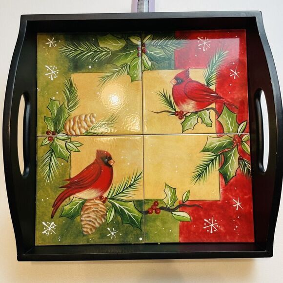 Christmas Cardinals Tiles Wood Serving Tray 12.5" Square Holiday Party Handled - Picture 1 of 7